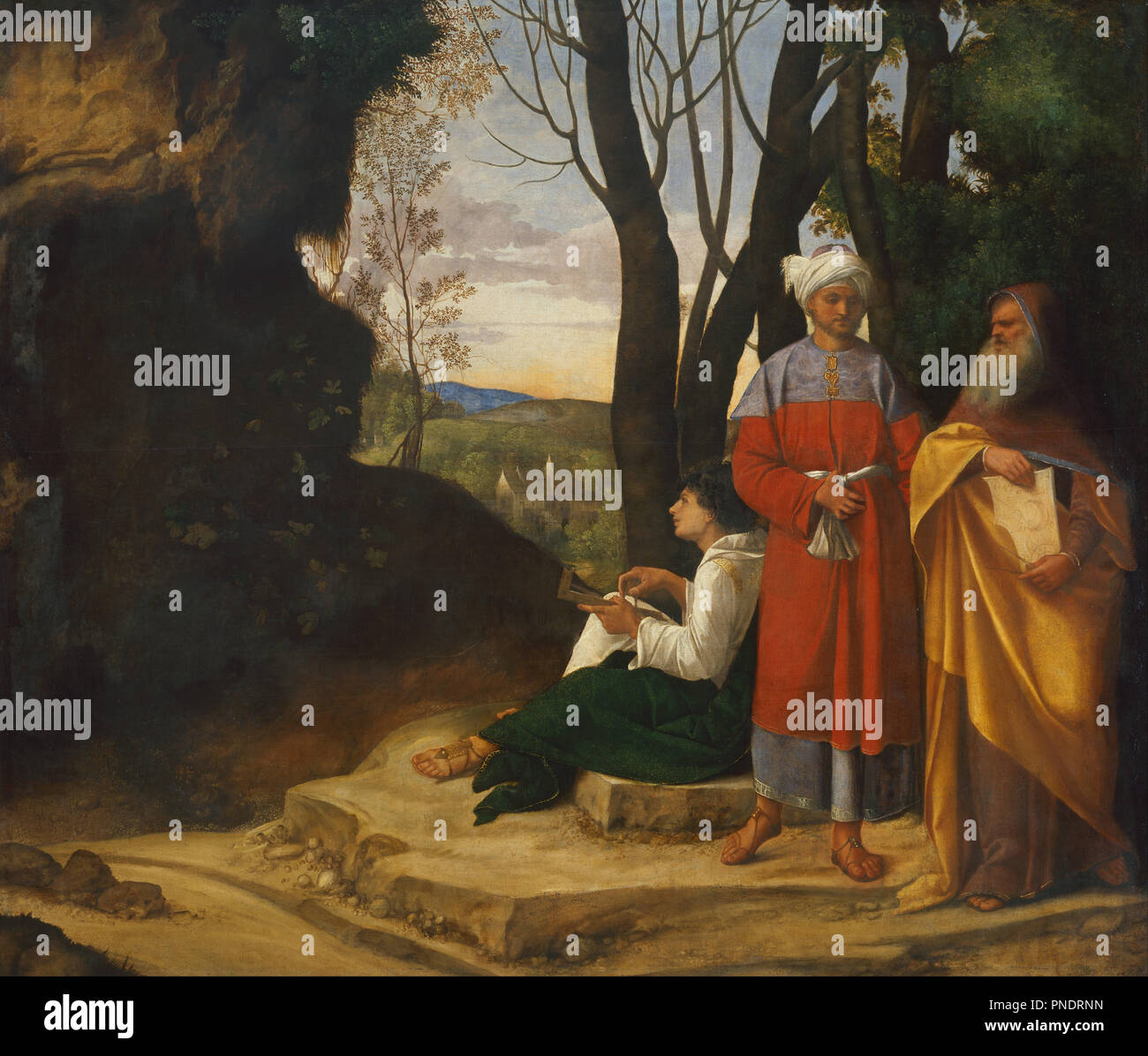 Trois philosophes. Date/Période : entre ca. 1508 et ca. 1509. La peinture. Huile sur toile. Hauteur : 125,5 cm (49,4 in) ; Largeur : 146,2 cm (57,5 in). Auteur : GIORGIONE. GIORGIONE, G. DA CASTELFRANCO. Banque D'Images