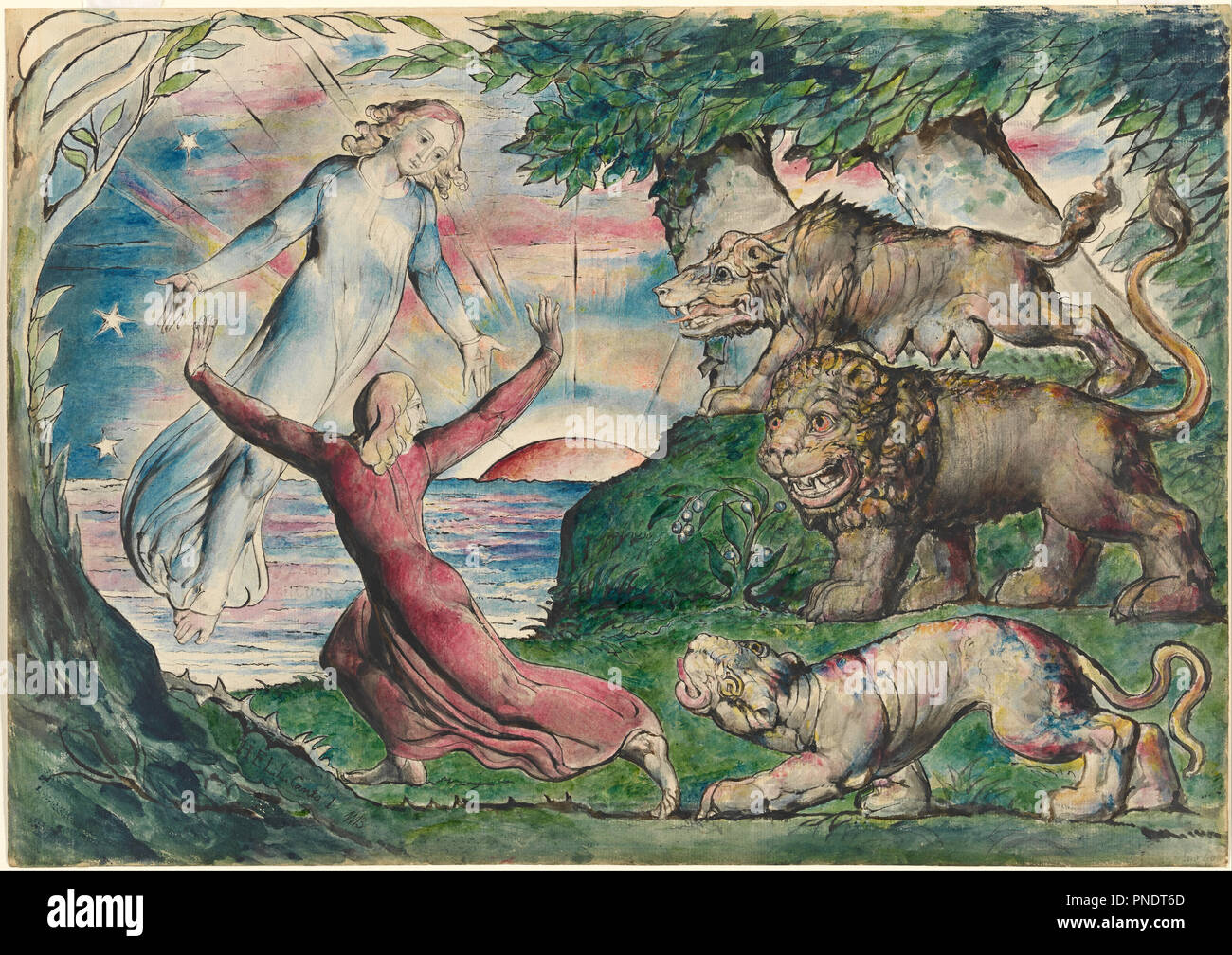 Dante allant de la trois bêtes. Date/période : 1824-1827. La peinture. Plume, encre et aquarelle sur crayon. Hauteur : 370 mm (14.56 in) ; Largeur : 528 mm (20.78 in). Auteur : William Blake. Banque D'Images
