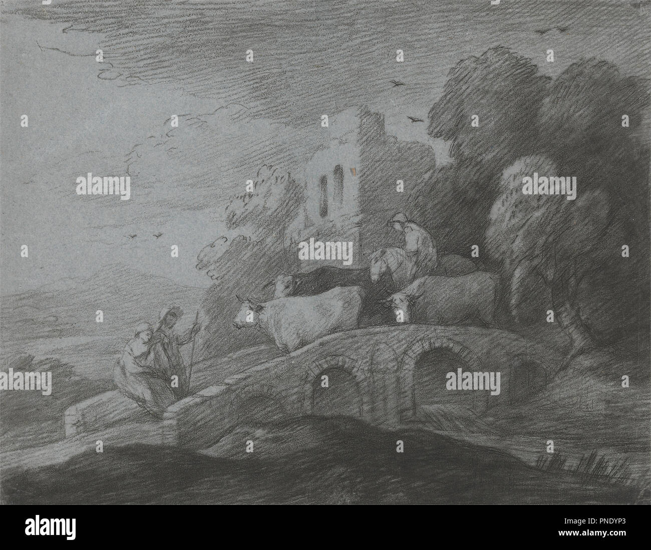 Paysage boisé avec Bouvier conduisant les bovins de plus d'un pont, les amateurs de rustique et château en ruine. Date/Période : Entre 1779 et 1780. L'impression. Soft-sol gravage sur moyenne, légèrement texturé, papier vélin bleu. Hauteur : 305 mm (12 in) ; Largeur : 391 mm (15.39 in). Auteur : Thomas Gainsborough. Banque D'Images