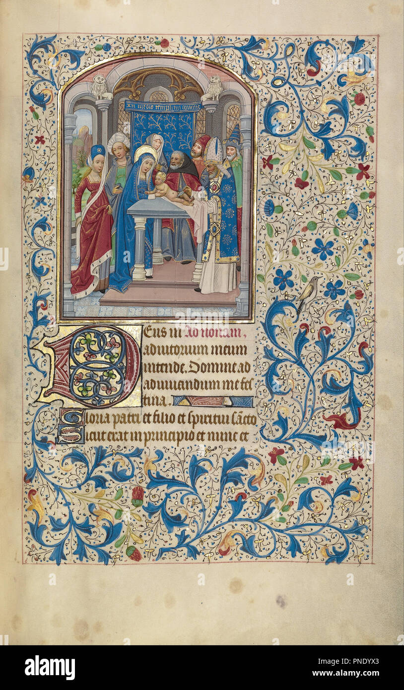 La circoncision. Date/Période : début des 1460s. Folio. Température de couleurs, la feuille d'or, et de l'encre sur parchemin. Hauteur : 256 mm (10.07 in) ; Largeur : 173 mm (6.81 in). Auteur : Willem Vrelant. Banque D'Images