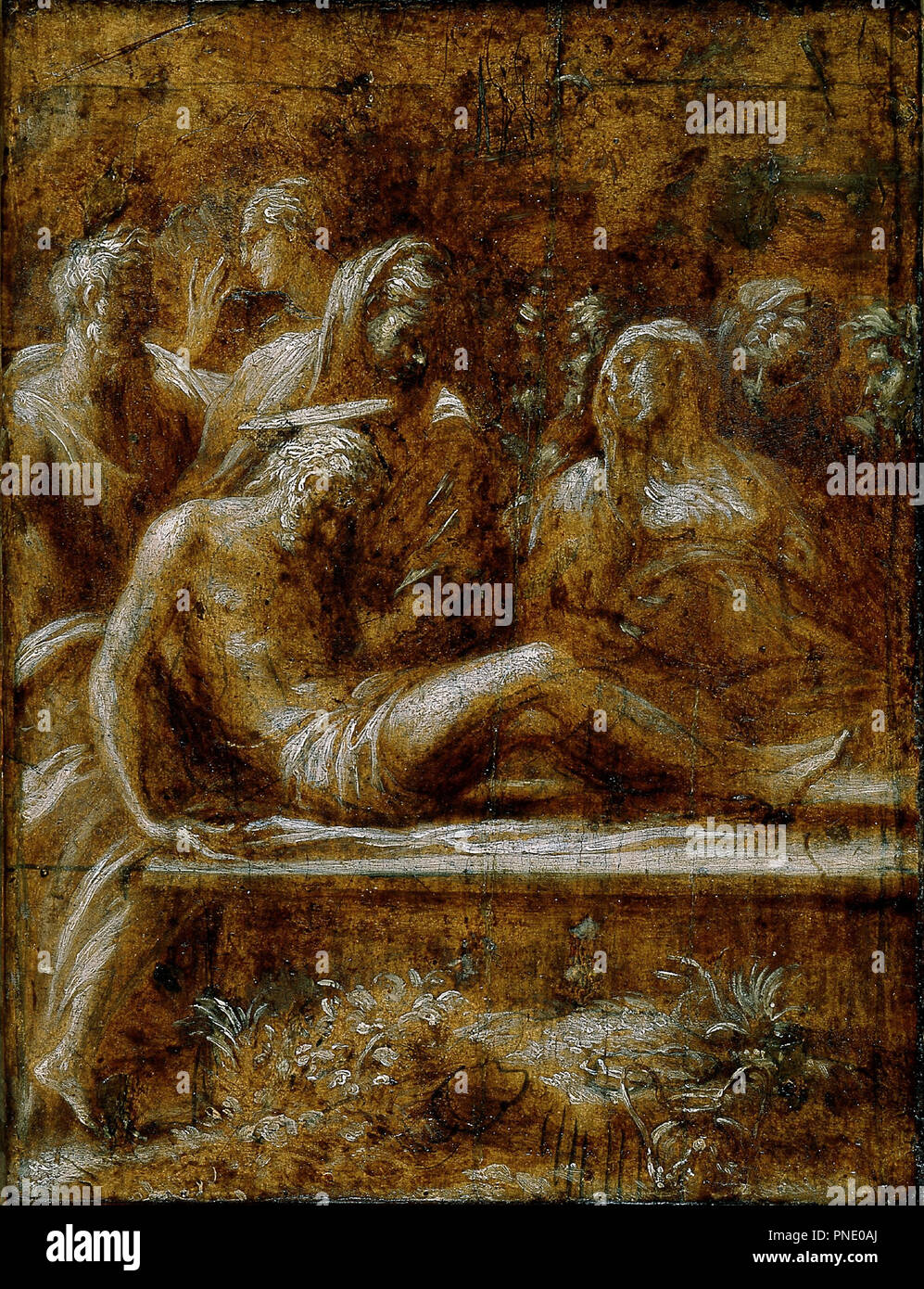 La mise au tombeau du Christ. Date/Période : De 1525 jusqu'à 1527. La peinture. Huile sur panneau. Hauteur : 24,4 cm (9,6 po) ; largeur : 18.8 cm (7.4 in). Auteur : PARMIGIANINO. Banque D'Images