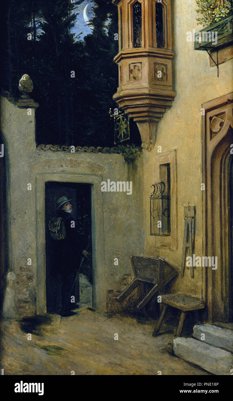 Abschied im Morgengrauen / Adieu à l'aube. Date/période : 1859. La peinture. Huile sur carton. Hauteur : 36 cm (14,1 in) ; largeur : 24 cm (9.4 in). Auteur : Moritz von Schwind. Banque D'Images