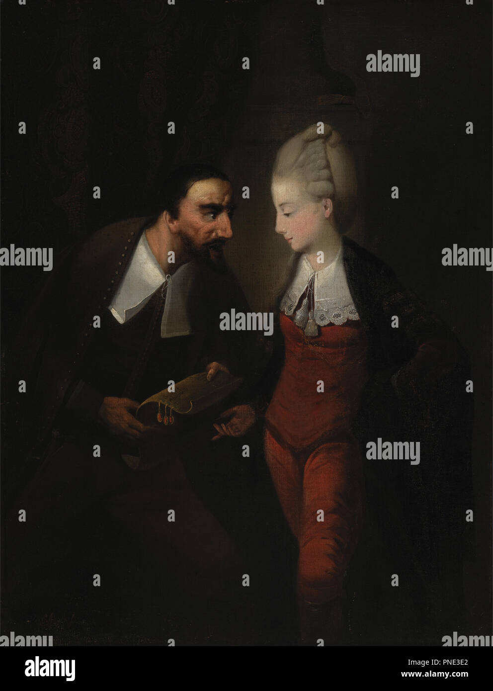 Portia et Shylock de Shakespeare, "Le Marchand de Venise", IV, i. Date/Période : Ca. 1778. La peinture. Huile sur toile. Hauteur : 660 mm (25.98 in) ; Largeur : 508 mm (20 in). Auteur : Edward Alcock. Banque D'Images