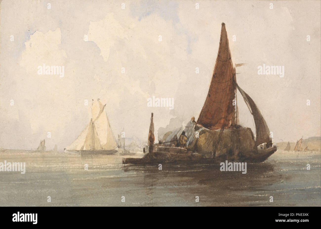 Barge de foin dans une mer calme. L'article Marine Aquarelle et grahite sur moyen, de crème, de texture légèrement papier vélin. Hauteur : 127 mm (5 po) ; Largeur : 197 mm (7,75 in). Auteur : CHARLES BENTLEY. Banque D'Images