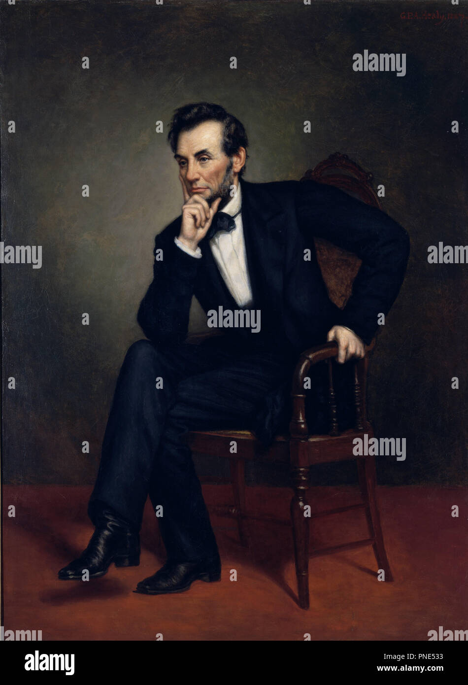Portrait d'Abraham Lincoln. Date/période : 1887. La peinture. Huile sur toile. Hauteur : 188,6 cm (74,2 in) ; largeur : 137.2 cm (54 in) (Encadré : Hauteur : 212,7 cm (83,7 in) ; Largeur : 162,6 cm (64 in) ; Profondeur : 9.2 cm (3.6 in) ). Auteur : GEORGE PETER ALEXANDER HEALY. HEALY, GEORGE PETER ALEXANDER. Banque D'Images