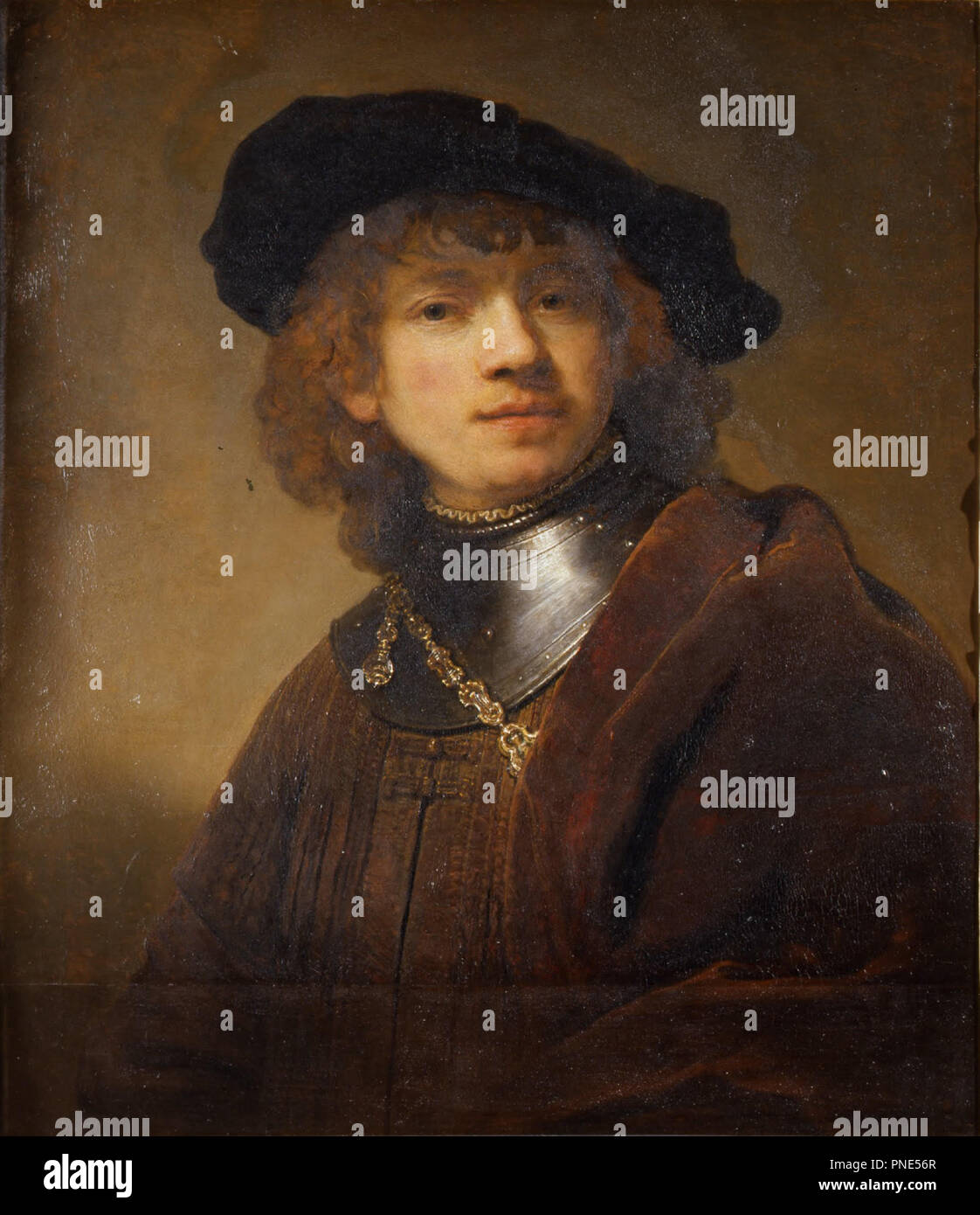 Tronie d'un jeune homme dans un gorgerin et Cap. Date/Période : Ca. 1639. La peinture. Huile sur panneau. Hauteur : 62,5 cm (24,6 in) ; largeur : 54 cm (21,2 in). Auteur : REMBRANDT, Harmenszoon van Rijn. REMBRANDT HARMENSZOON VAN RIJN. Rembrandt van Rhijn. Banque D'Images
