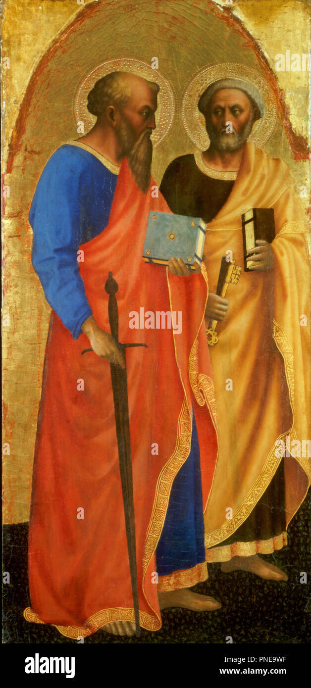 Saints Paul et Pierre. Date/Période : Ca. 1427-28. La peinture. Tempera et or sur panneau usiné avec grain vertical Tempera et or sur panneau usiné avec grain vertical. Hauteur : 1 143,76 mm (45.02 in) ; largeur : 543,31 mm (21.39 in). Auteur : MASOLINO DA PANICALE. Banque D'Images