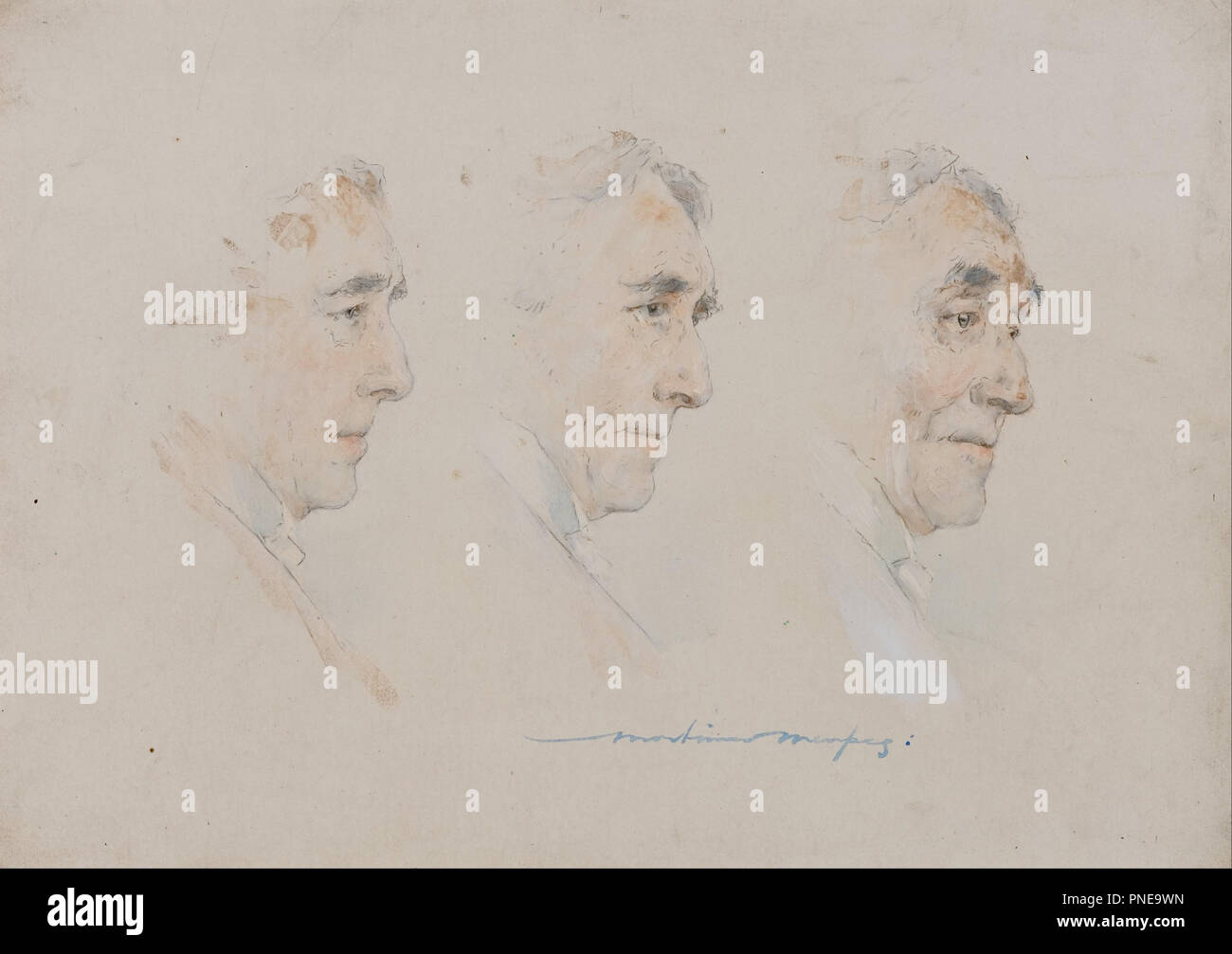 Chambre triple portrait de Sir Henry Irving. Date/Période : Ca. 1899. Dessin. Crayon, Aquarelle, Huile sur carton. Hauteur : 19,20 mm (0,75 in) ; largeur : 26,50 mm (1,04 in). Auteur : Mortimer Menpes. Banque D'Images