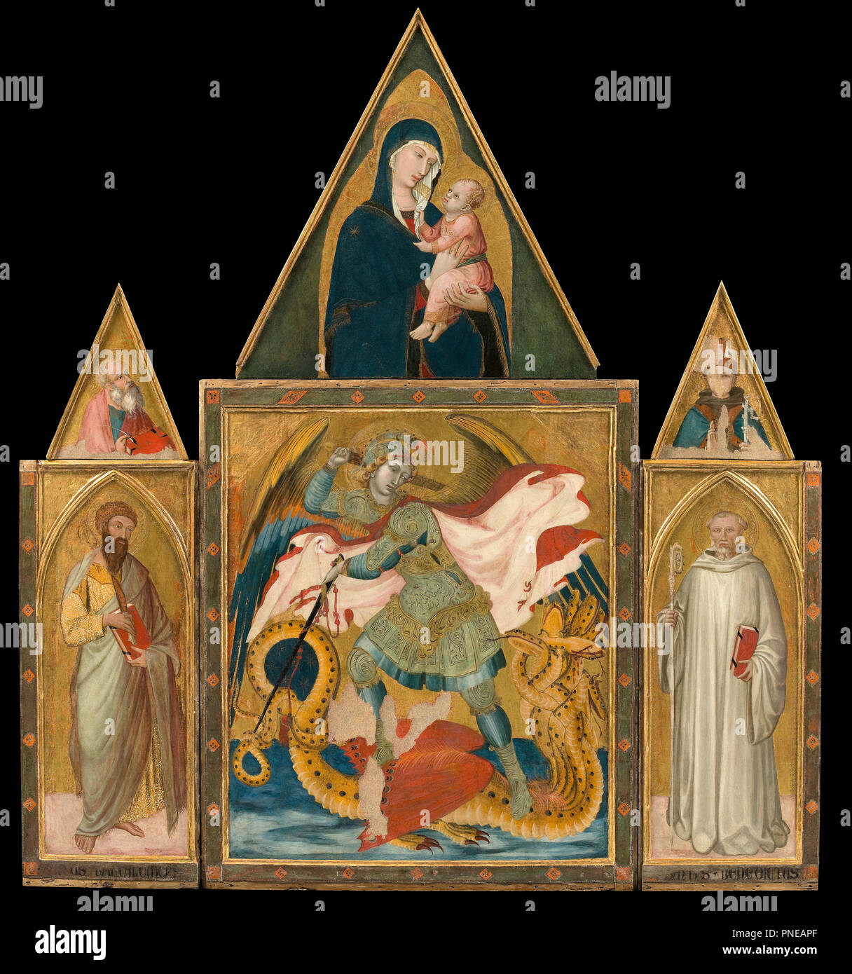 Rofeno Poliptych l'abbaye. L'archange saint Michel terrassant le dragon entre les Saints Bartholomée et Benoît ; Vierge à l'enfant, Saint Jean l'Évangéliste et Saint Louis de Tolouse (dans les cuspides) ;. Date/période : 1330 - 1335. Tempera sur panneau. Hauteur : 258 mm (10.15 in) ; Largeur : 230 mm (9,05 in). Auteur : Ambrogio Lorenzetti. AMBROGIO LORENZETTI,. Banque D'Images