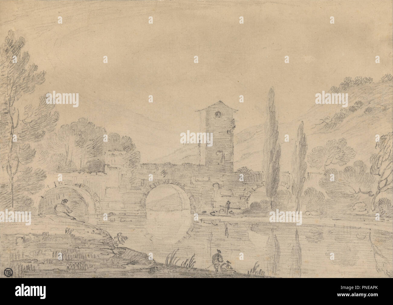 Paysage italien avec Three-Arched Bridge, Bridgehouse, chiffres sur près de banque, et des peupliers sur banque plus loin. Date/Période : Ca. 1752. Paysage. Graphite et craie noire sur moyen, modérément texturée, blanc bleuté sur papier monté sur une surface lisse, modérément épaisse, vélin crème. Hauteur : 257 mm (10.11 in) ; Largeur : 316 mm (12.44 in). Auteur : Richard Wilson. Banque D'Images