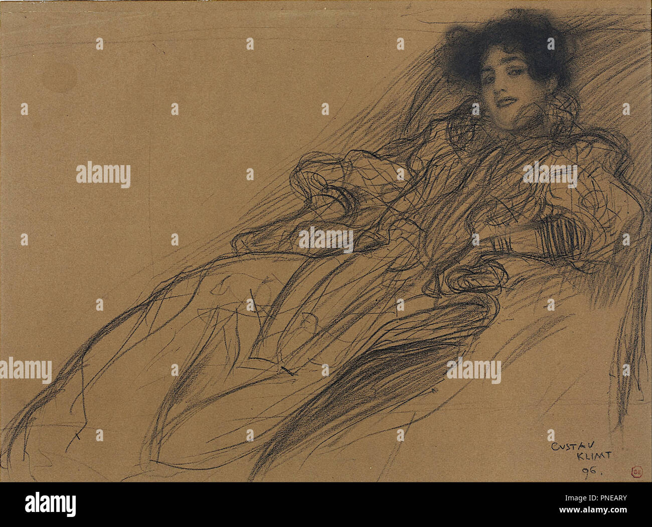 Jeune femme dans un fauteuil. Date/période : 1896. Fusain et crayon sur papier brun-foncé. Kohle und Kunstkreide dunkelbraunem, auf Papier. Hauteur : 284 mm (11.18 in) ; Largeur : 382 mm (15.03 in). Auteur : GUSTAV KLIMT. Banque D'Images Jeune femme dans un fauteuil. Date/période : 1896. Fusain et crayon sur papier brun-foncé. Kohle und Kunstkreide dunkelbraunem, auf Papier. Hauteur : 284 mm (11.18 in) ; Largeur : 382 mm (15.03 in). Auteur : GUSTAV KLIMT. Banque D'Images