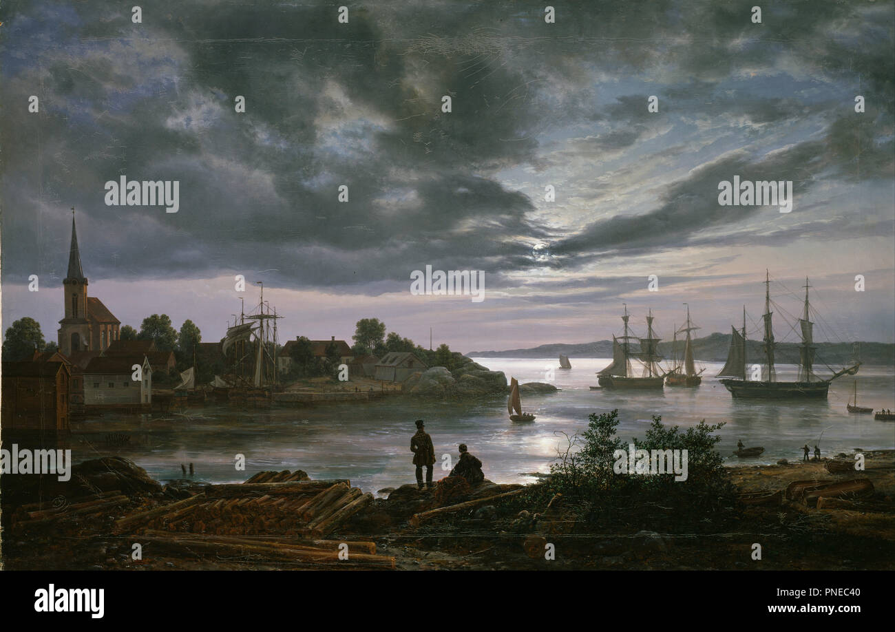 Larvik havn je måneskinn / Larvik par clair de lune. Date/période : 1839. La peinture. Huile sur toile. Hauteur : 99 cm (38,9 in) ; Largeur : 156 cm (61,4 in). Auteur : JOHAN CHRISTIAN DAHL. JOHANN CHRISTIAN CLAUSEN DAHL. DAHL, JOHAN CHRISTIAN CLAUSEN. Banque D'Images