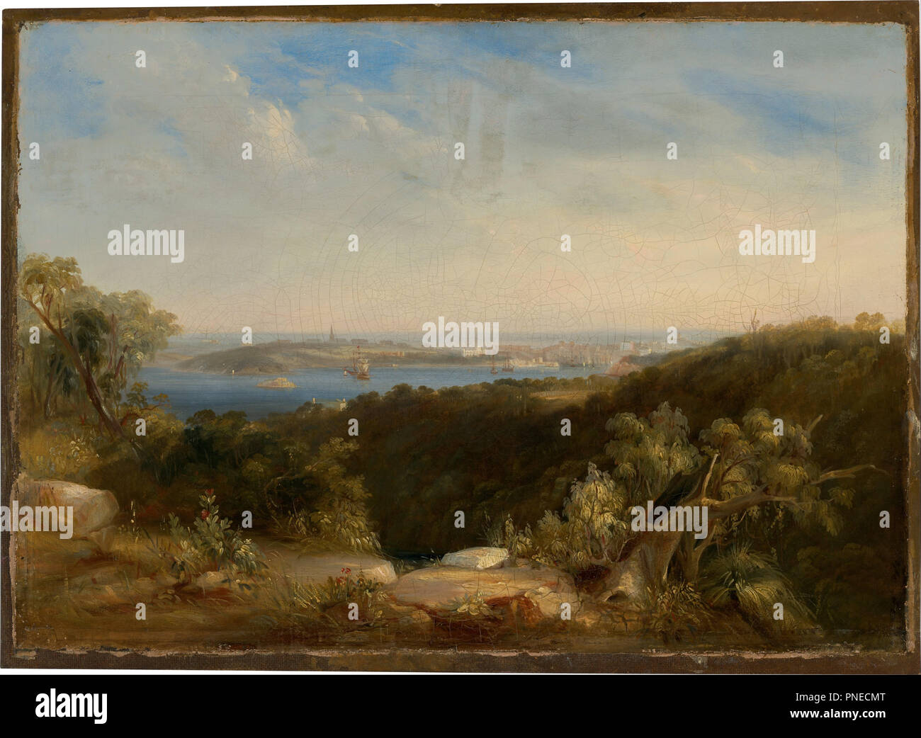 Vue sur le port de Sydney montrant Sydney Cove. Date/Période : Ca. 1850. Peinture,huile sur toile sur la composition du conseil. Hauteur : 465 mm (18.30 in) ; Largeur : 650 mm (25,59 po). Auteur : CONRAD MARTENS. Banque D'Images