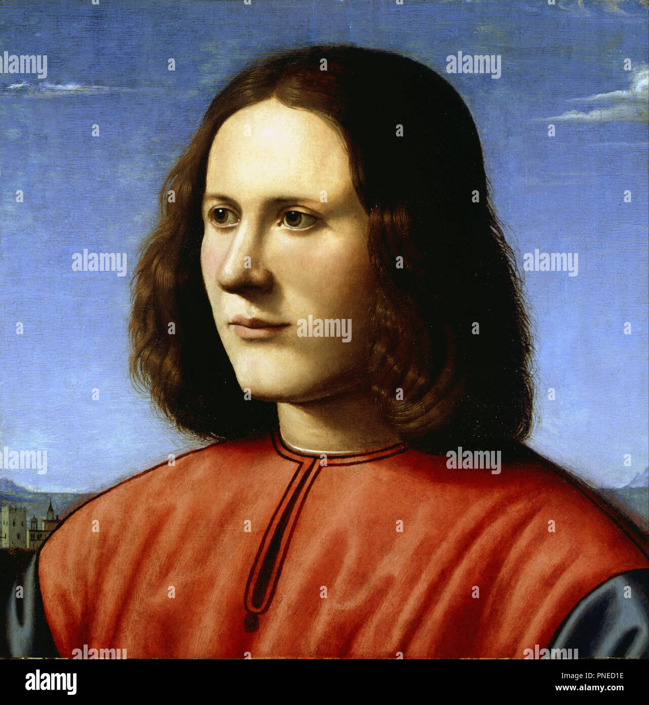 Un jeune homme. Date/Période : Ca. 1500. La peinture. Huile sur panneau de l'huile. Hauteur : 387 mm (15.23 in) ; Largeur : 405 mm (15.94 in). Auteur : Piero di Cosimo. Banque D'Images