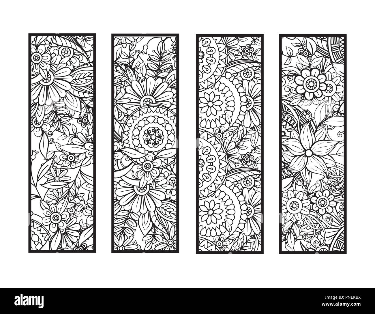 Ensemble de quatre pages en noir et blanc. Doodles fleurs et ornements pour des profils à colorier. Vector illustration. Illustration de Vecteur