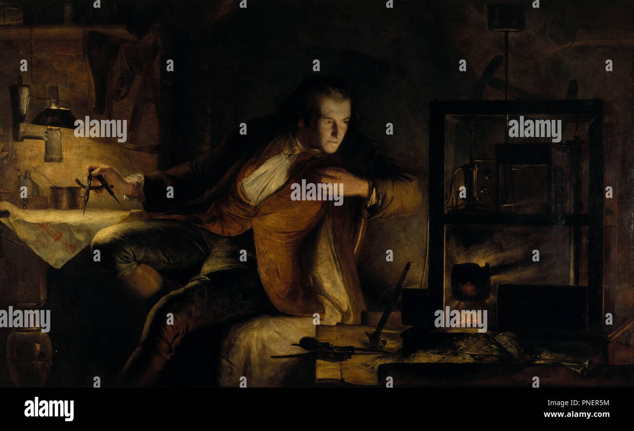 James Watt et le moteur à vapeur : l'aube du xixe siècle. Date/période : 1855. La peinture. Huile sur toile. Hauteur : 1 473,20 mm (58 in) ; largeur : 2 387,60 mm (94 in). Auteur : JAMES ECKFORD LAUDER. Banque D'Images