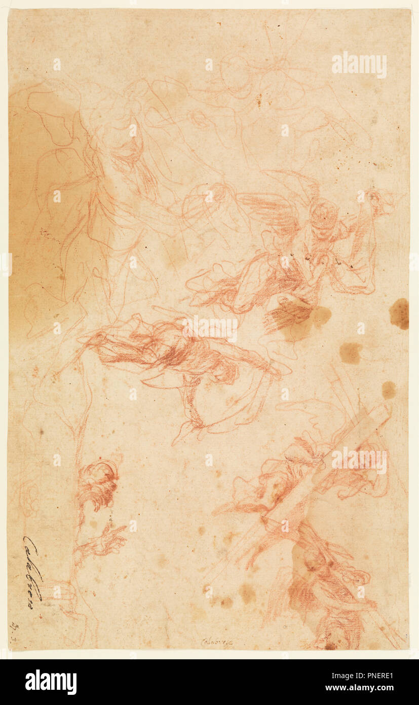Anges portant la croix sainte et l'enveloppe. Date/Période : De 1661 jusqu'à 1666. Dessin. Craie rouge sur papier. Auteur : Mattia Preti. Banque D'Images
