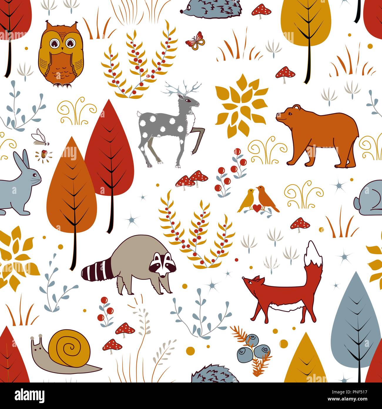 Cute vector seamless pattern avec les plantes, oiseaux, ours, cerfs, raton laveur, et Fox. Kids automne fond. Vector illustration Illustration de Vecteur