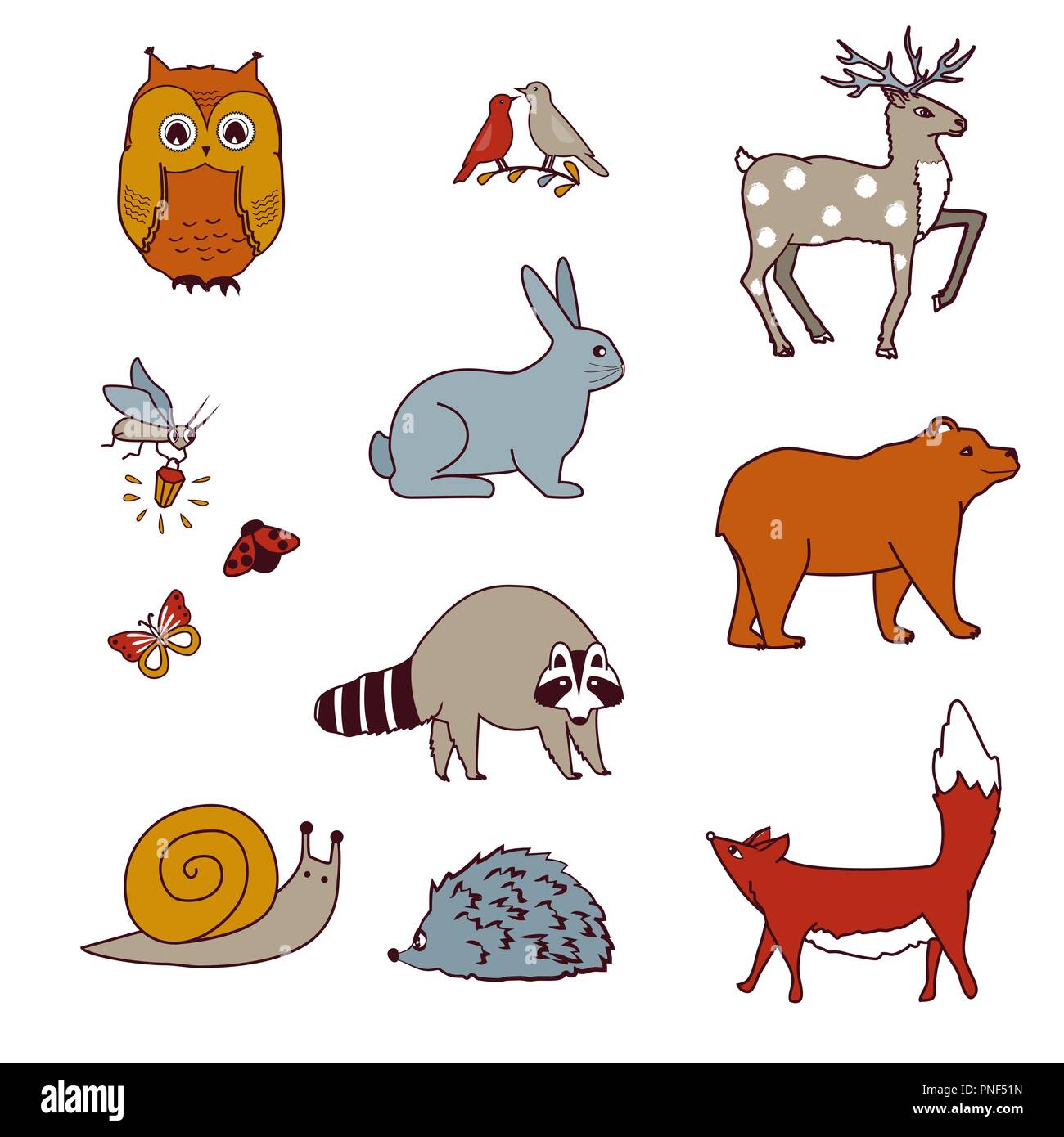 Les animaux de la série avec l'ours, le hibou, oiseaux, chevreuils, lièvres, raton laveur, escargot, Fox, et Firefly. Vector cartoon isolés collection. Les animaux de l'amérique du nord et la mi Illustration de Vecteur