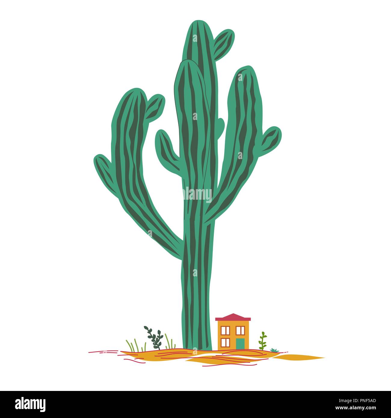 Cute cartoon illustration avec des saguaro cactus et petit chambre. Paysage féerique du Mexique, pour les cartes d'impression ou de textile, vector background Illustration de Vecteur