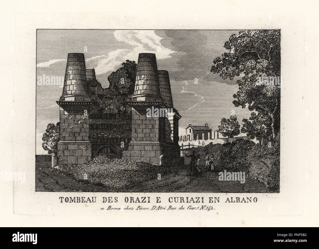 Vue des ruines du mausolée des Horaces et des Curiaces sur la Voie Appienne, Rome. La gravure sur cuivre de Pietro Datri's Nouvelle Collection des principales vues de Rome Ancienne et Moderne avec les ruines de la guerre, Rome, 1849. Banque D'Images