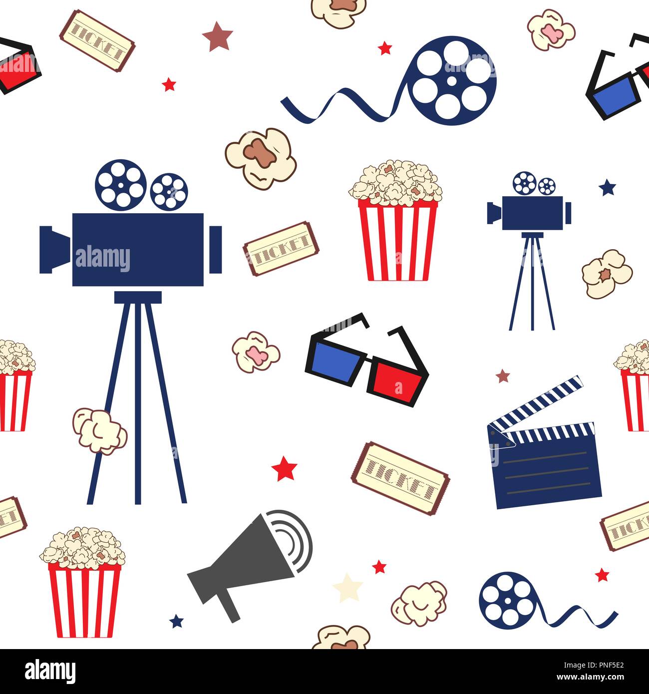 Cinéma. Modèle transparent avec des éléments d'animation dans le style. Appareil photo, billets, popcorn, verres, et autres. Vector illustration Illustration de Vecteur