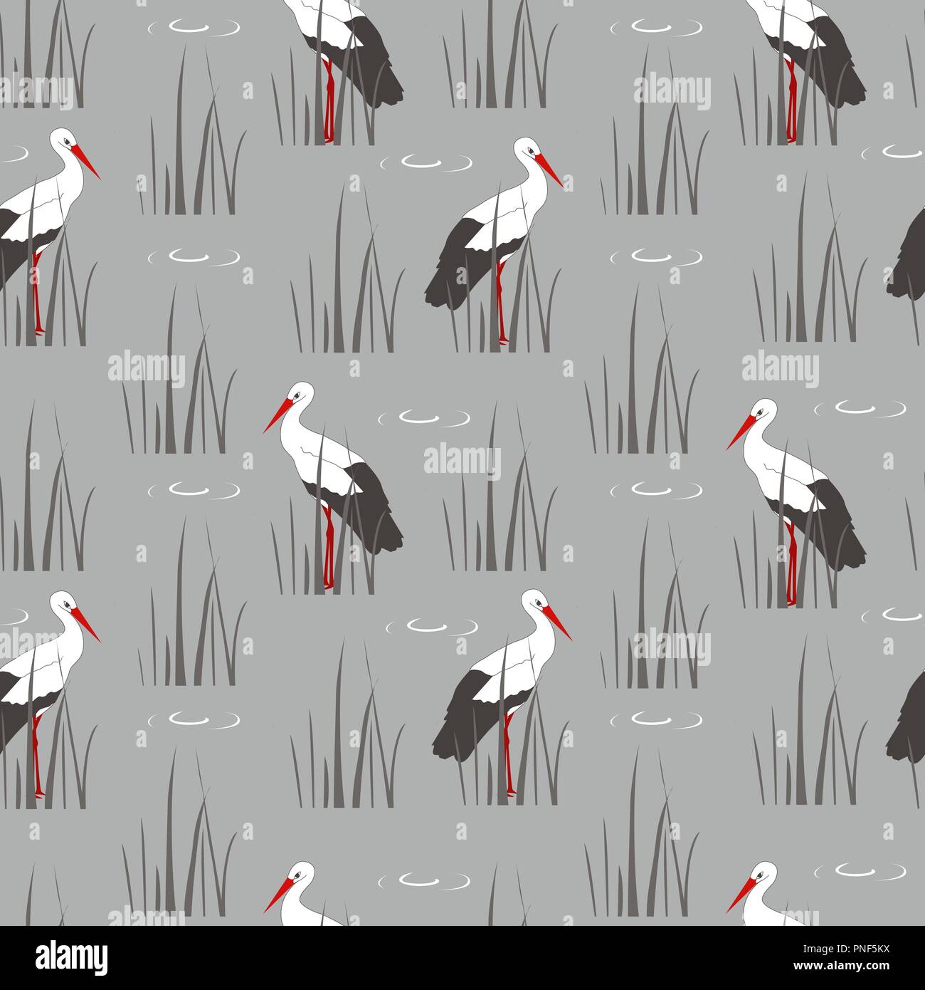 Texture décoratif permanent avec l'eau et des grues, de la canne à sucre. Modèle sans couture. Illustration vectorielle, élégante palette de gris et rouge Illustration de Vecteur