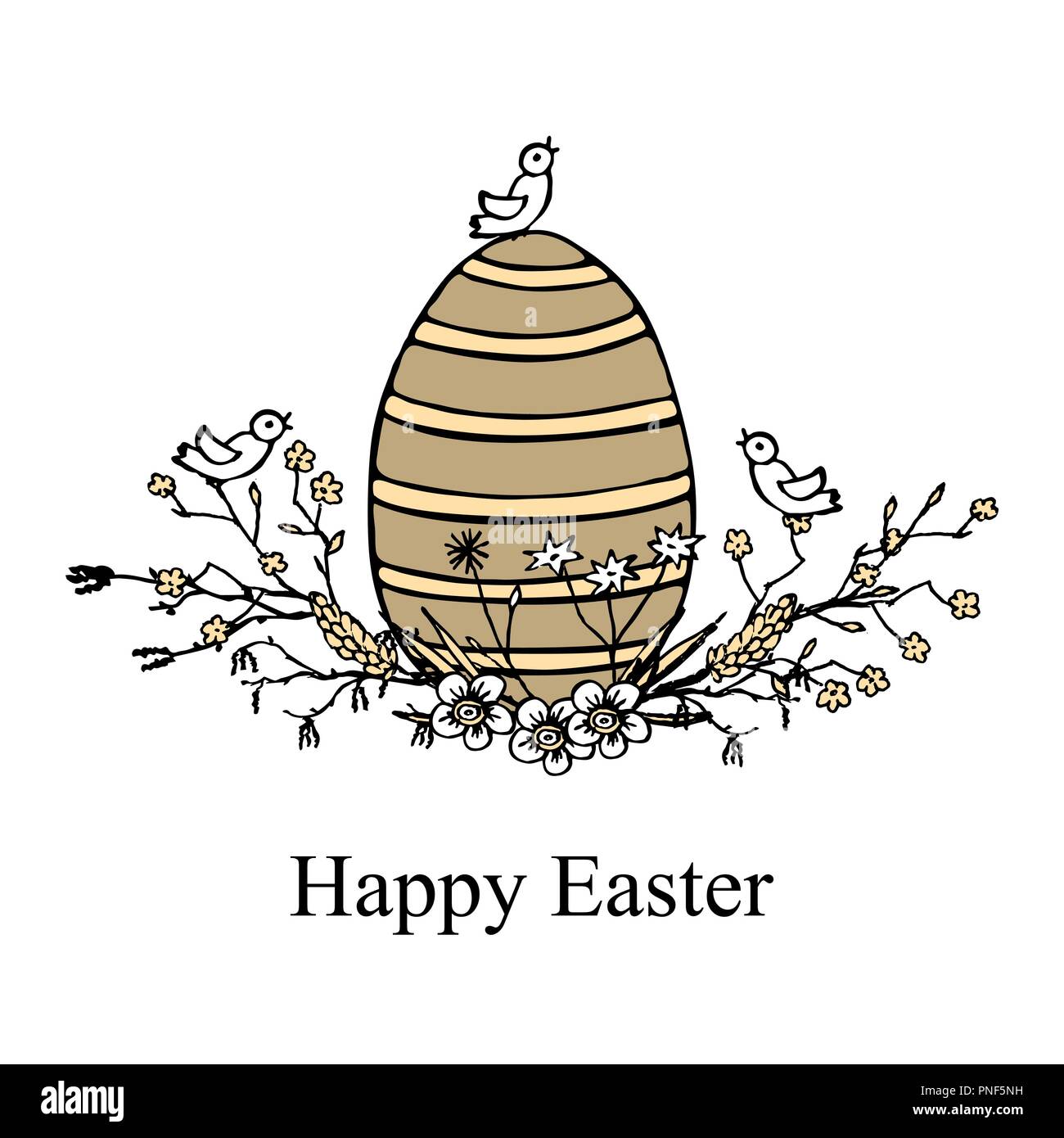 Carte de souhaits pour Pâques avec des oeufs d'oiseaux, wreathwith flolwers, et et brunchs. Hand drawn vintage. Vector illustration. Illustration de Vecteur