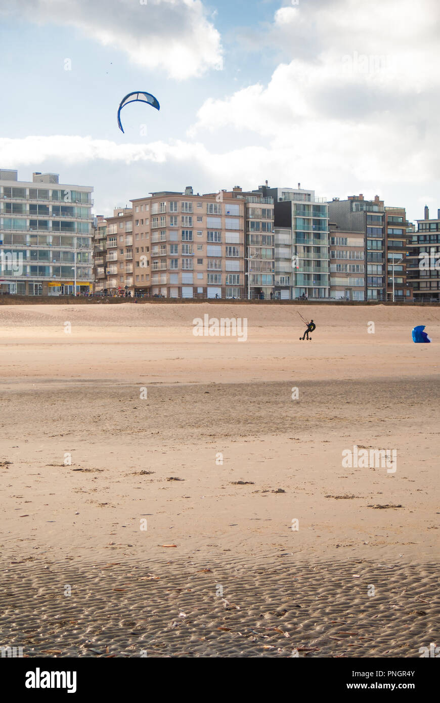 Kitesurfer à cheval sur une plage de sable de la côte belge à l'automne Banque D'Images