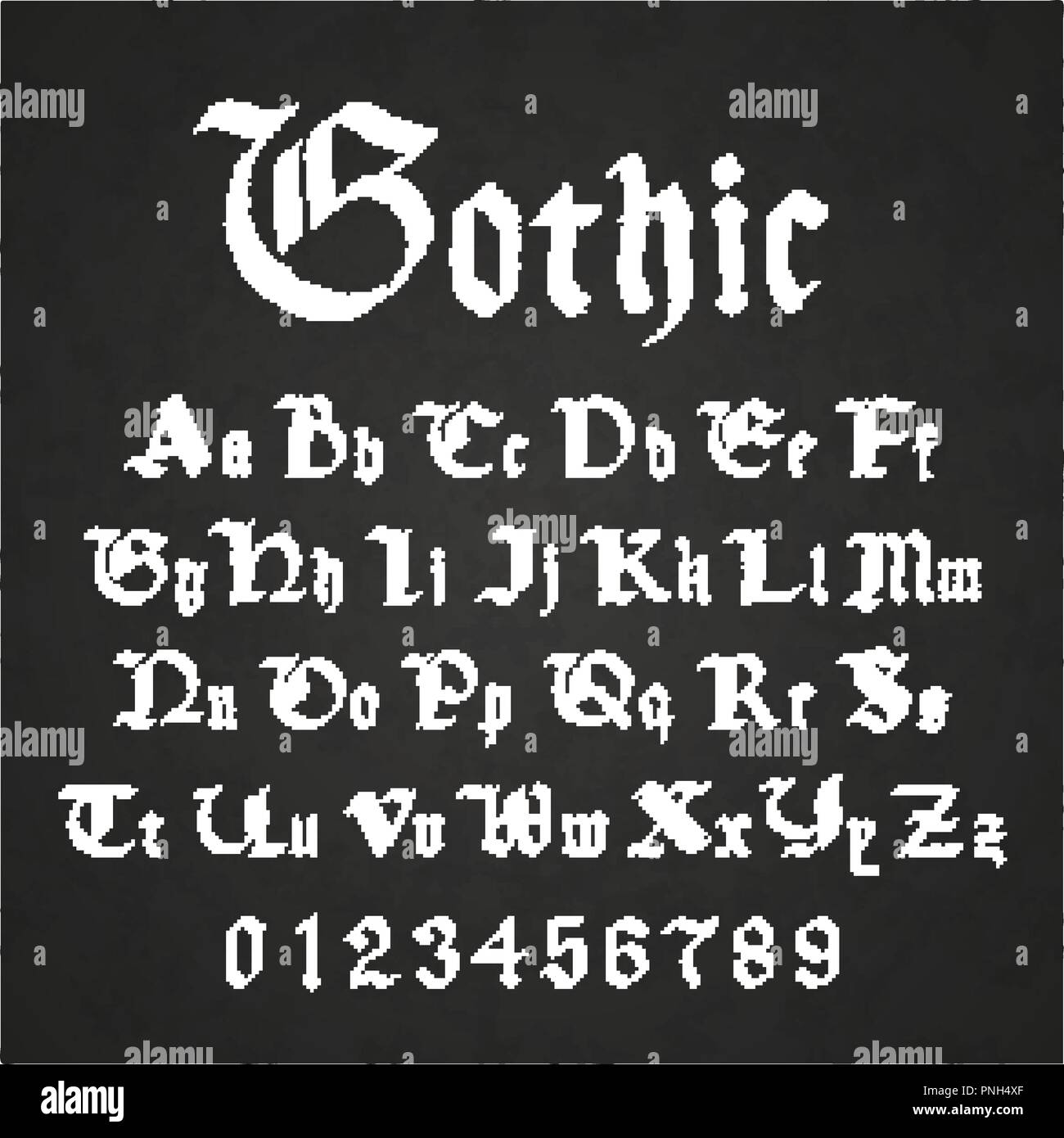 Ensemble de vieilles lettres gothiques dessinés à la main, dessin à la craie blanche sur tableau noir Illustration de Vecteur