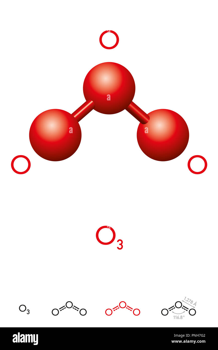 L'ozone, O3, trioxygen, molécule modèle et formule chimique. Bleu pâle inorganiques gazeux avec l'odeur âcre. Ball et du bâton, la structure du modèle et de la formule. Banque D'Images