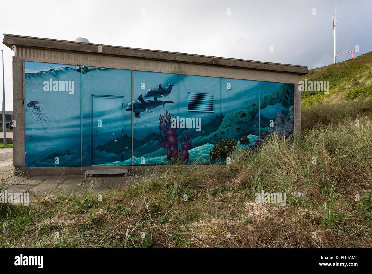 Street Art artistes ont décoré les bâtiments et murs avec grafitti art à Grenaa, Danemark. Street Art Künstler haben in Hvide Sande, Guernsey, G Banque D'Images