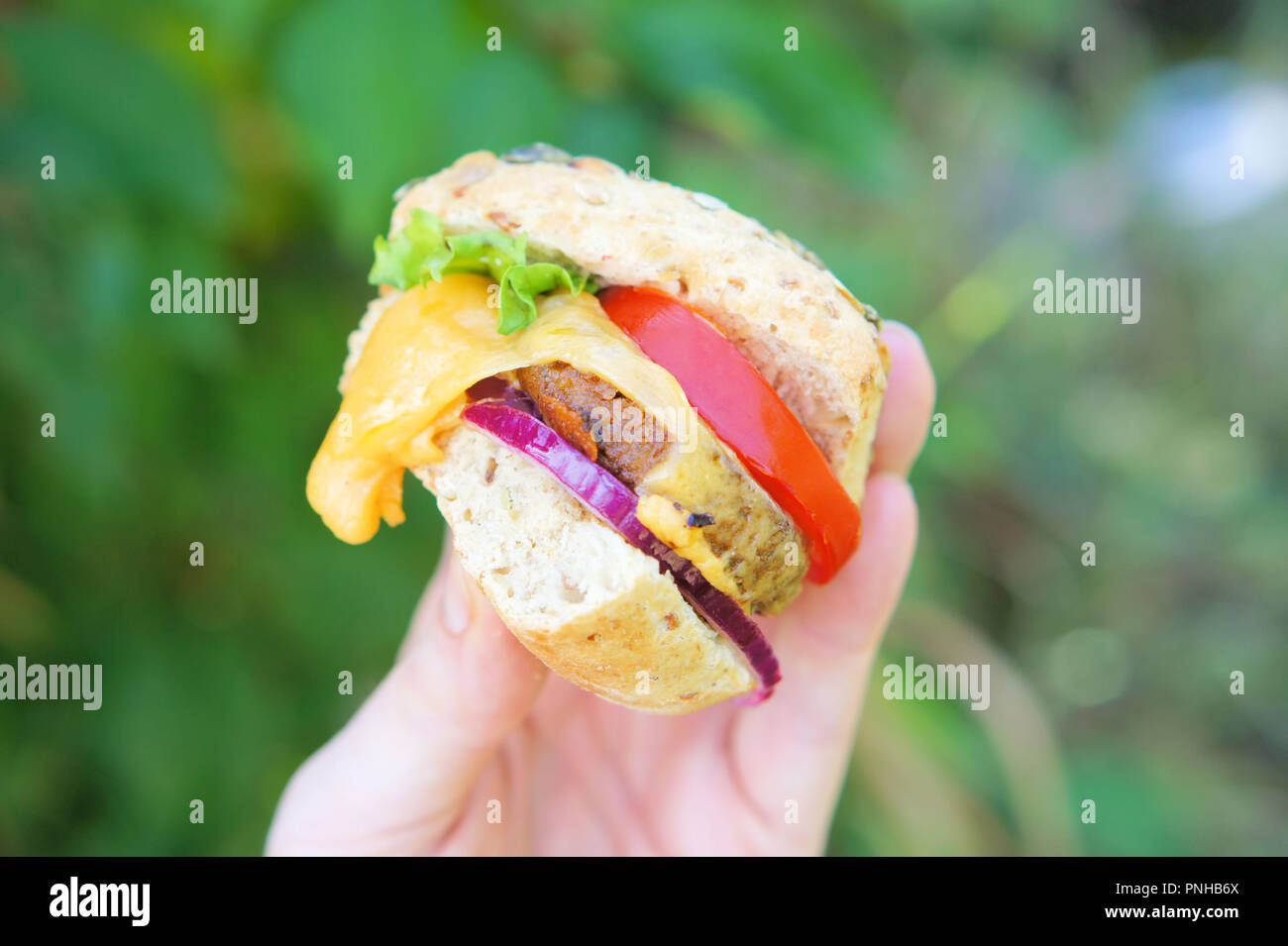 Plusieurs petits curseurs cheeseburger fabriqués à partir de galettes de ver. Les burgers sont faits d'insectes les vers Buffalo, qui sont les larves de l'darkling Banque D'Images