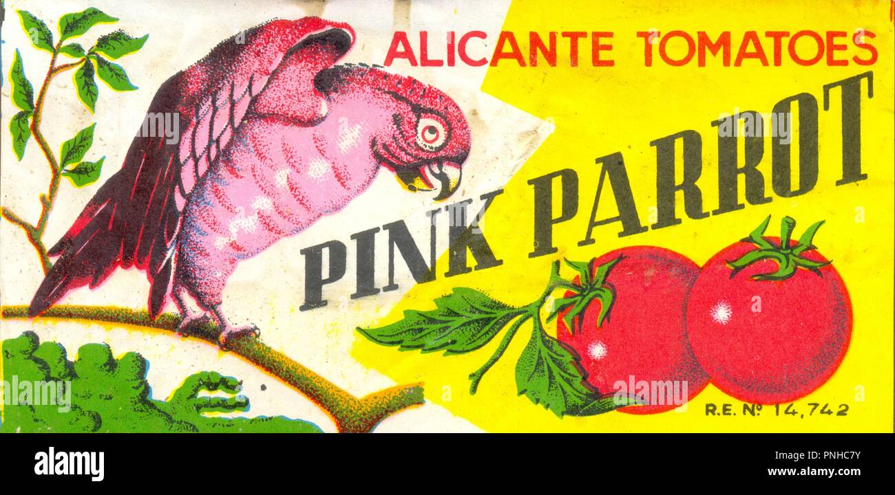 Les étiquettes des aliments avec perroquets vers 1965 Banque D'Images