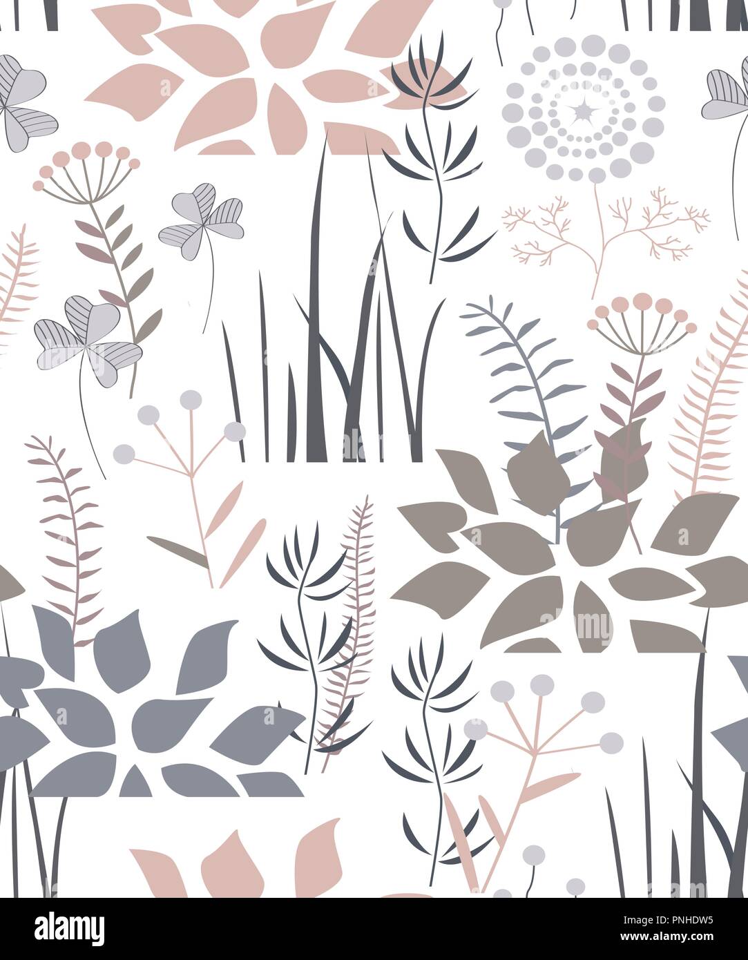 Transparente avec motif floral doodle plantes, fleurs, buissons, et de l'herbe. Agréable gris pastel, rose, brun et de palette. Vector illustration Illustration de Vecteur