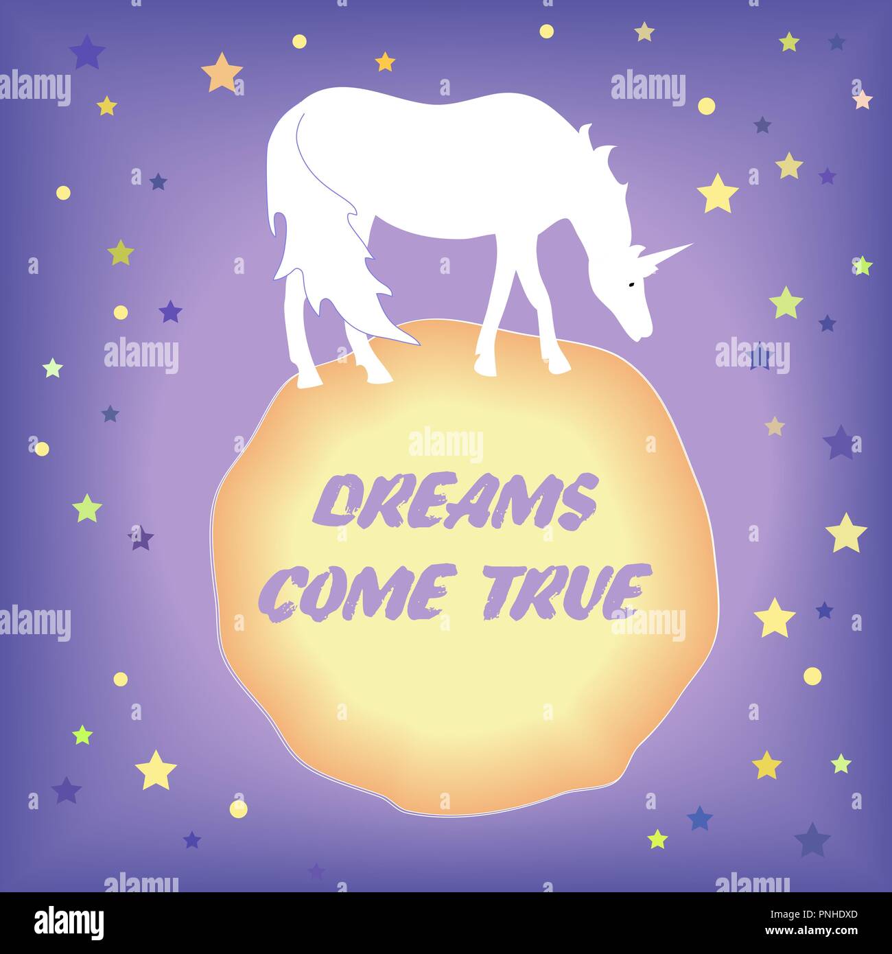 Ciel de nuit avec des étoiles et unicorn restant sur une petite planète. Vector background avec magic animal, constellations, les étoiles, et la lune. Rêves Te Illustration de Vecteur