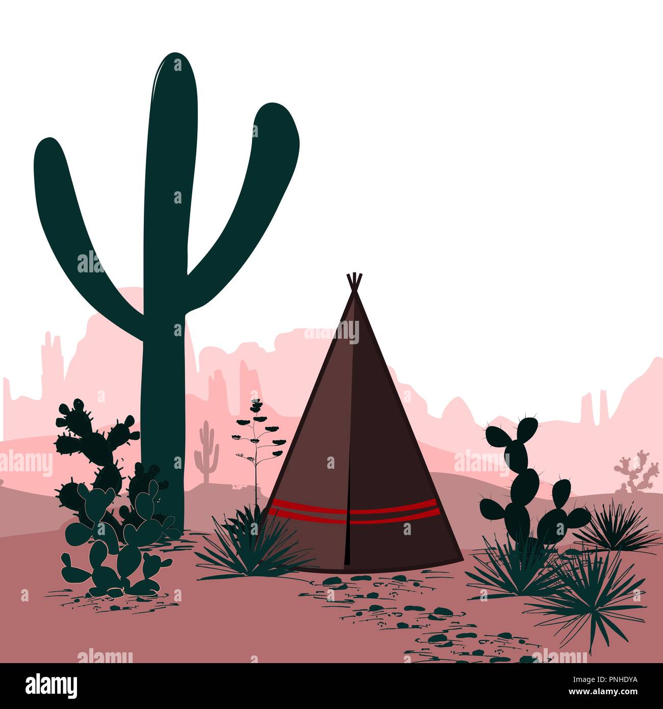 Vecteur horizontal bannière avec désert, tepee, saguaro, et de de barbarie. Silhouette des montagnes l'arrière-plan. Wild West. Cartoon illustration. Panor Illustration de Vecteur