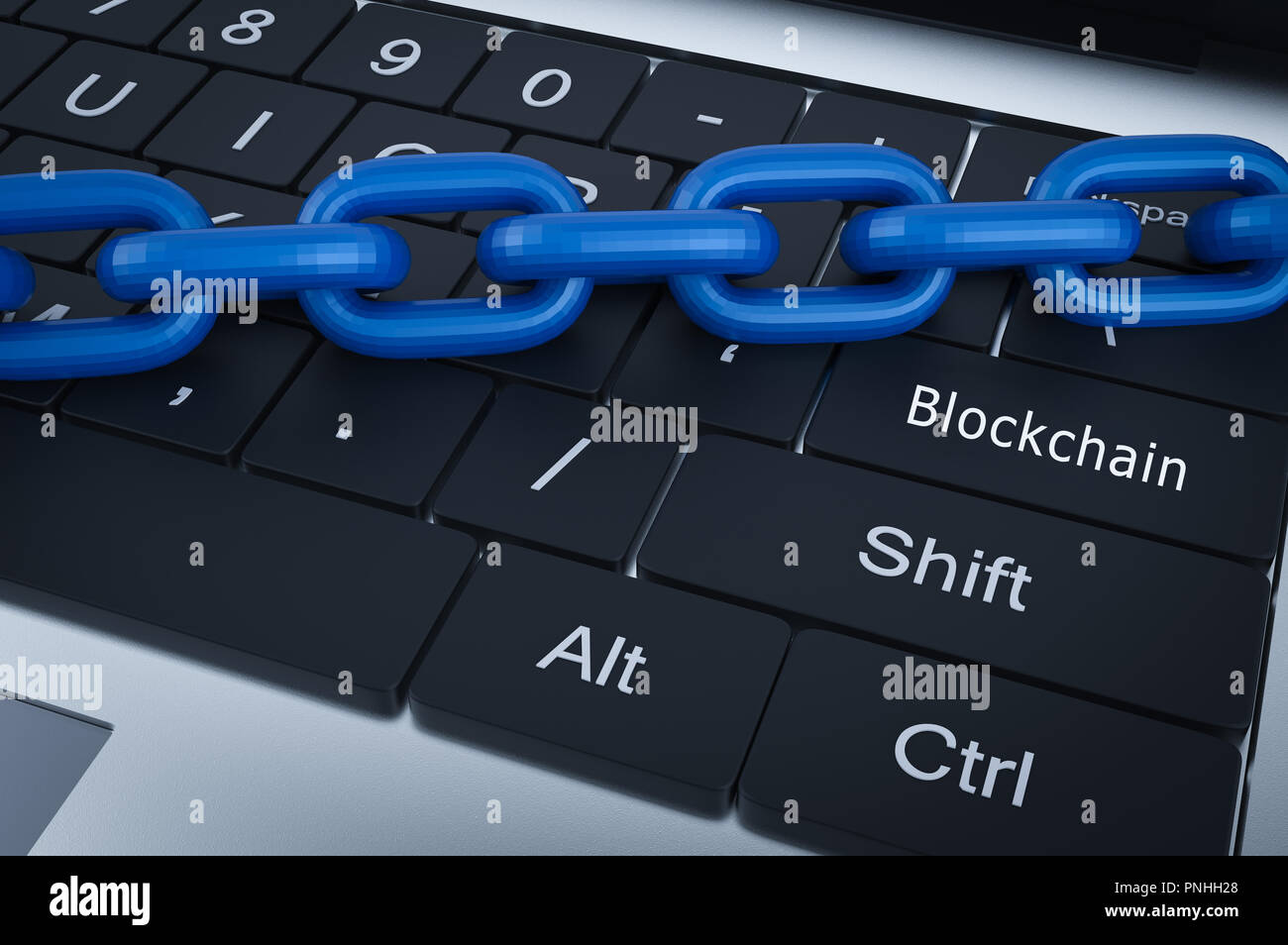 Technologie concept Blockchain avec rendu 3D sur ordinateur chaîne bleu Banque D'Images