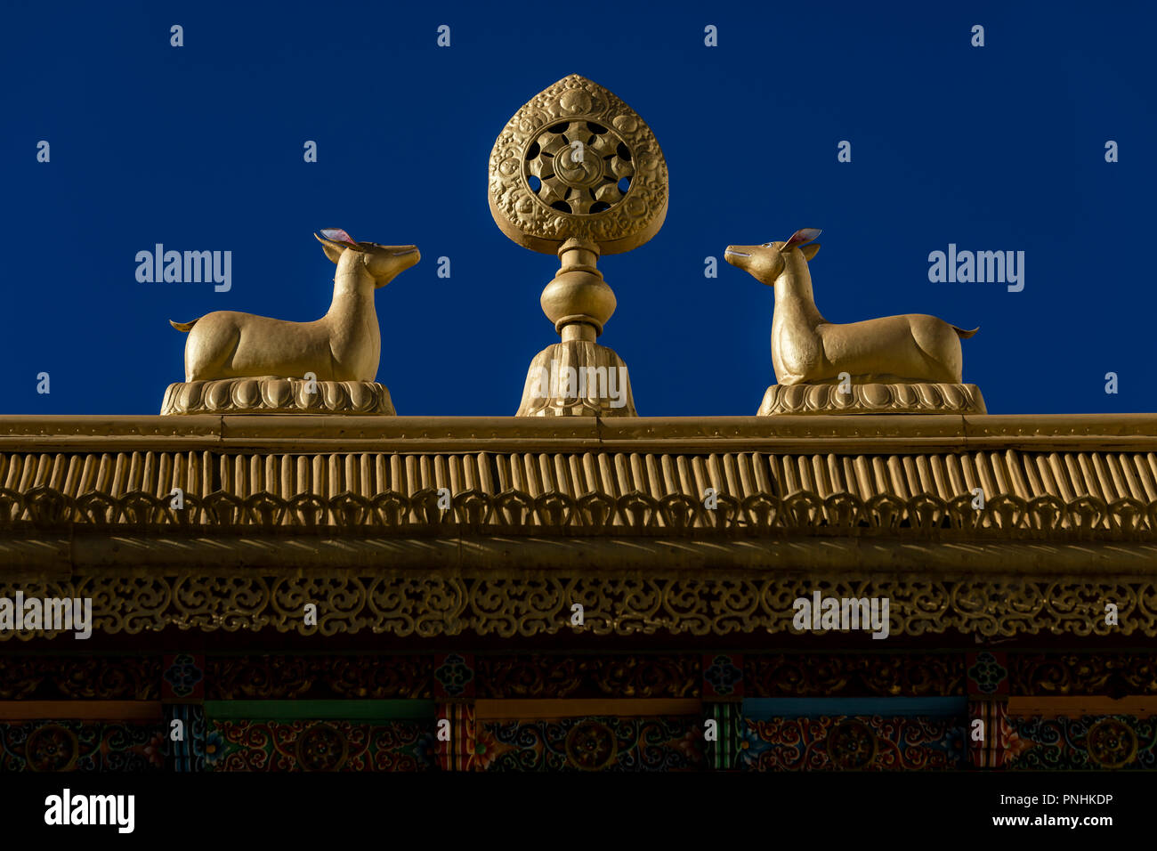 Des statues à l'entrée du monastère de Thiksey dans la région de Ladakh Inde Banque D'Images