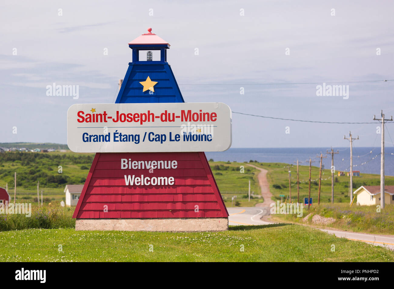 L'île du Cap-Breton, Nouvelle-Écosse, Canada - Chéticamp panneau de bienvenue. Saint-Joseph-du-Moine. Banque D'Images