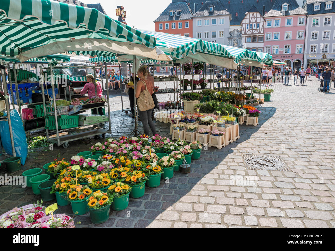 Trèves Allemagne,17-Aug-2018:les personnes à la recherche de fleurs sur l'étal de fleurs sur le marché dans le centre de Trèves, Trèves est une très vieille ciyu en Allemagne à partir de l'espace romain Banque D'Images