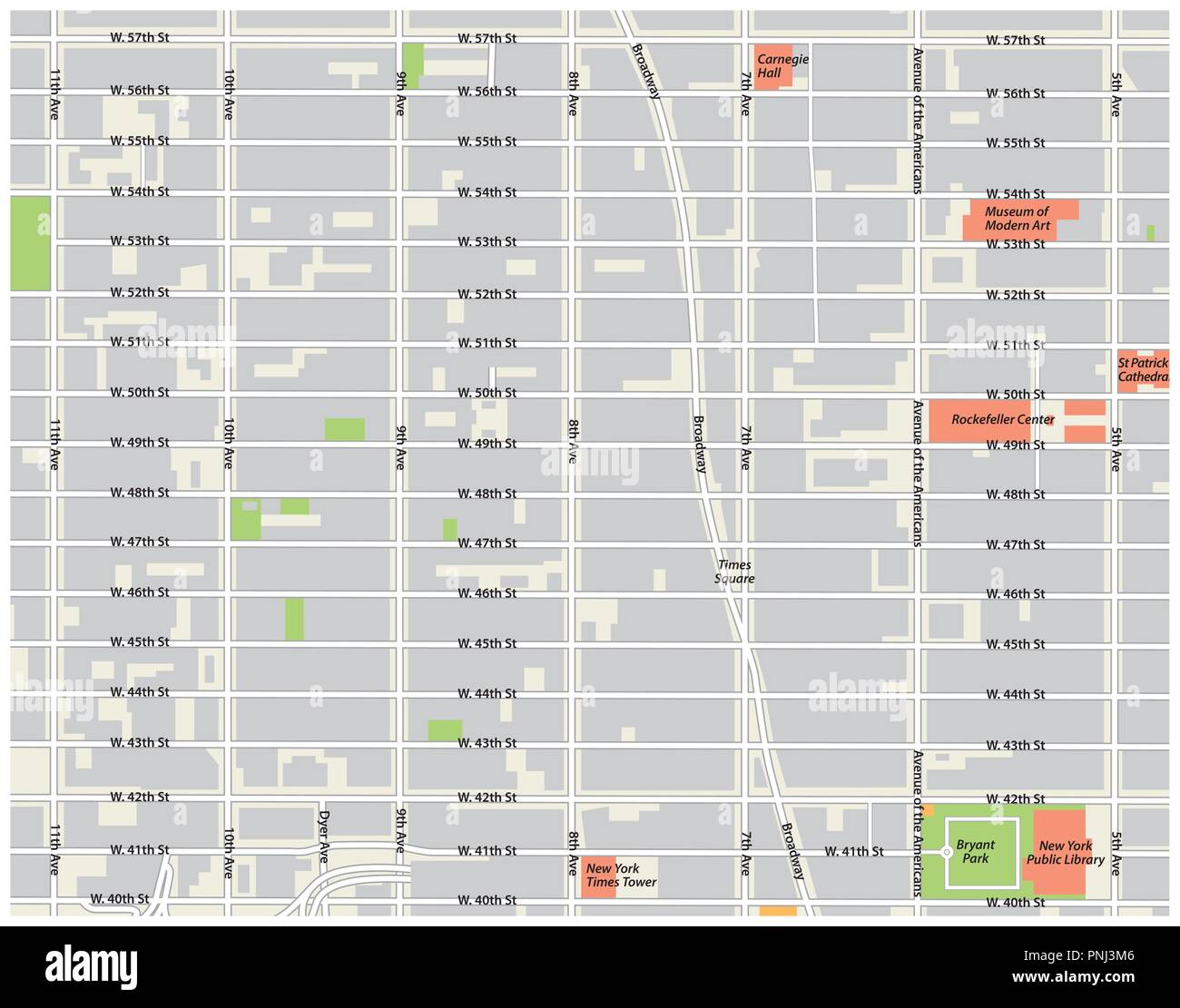 La ville de New York, Theatre district, Midtown manhattan carte vectorielle. Illustration de Vecteur