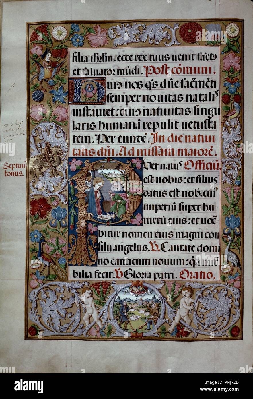 MISAL RICO DE CISNEROS 1503-1518-CAPITULAIRE LETRA 'P' CON ESCENA DEL PORTAL DE BELEN- INV MS 1540. Auteur : GONZALO DE CORDOBA y otros. Emplacement : BIBLIOTECA NACIONAL-COLECCION. MADRID. L'ESPAGNE. Banque D'Images