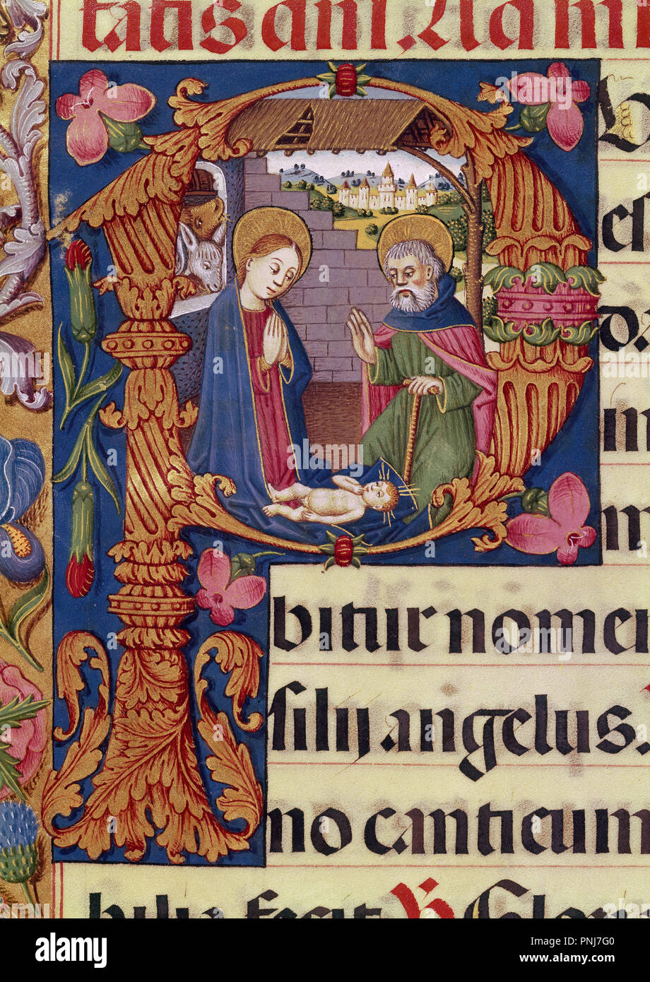 Voiture MISAL CISNEROS-DET CAPITULAIRE LETRA 'P' CON ESCENA DEL PORTAL DE BELEN(CONJ Nº 4042). Emplacement : BIBLIOTECA NACIONAL-COLECCION. MADRID. L'ESPAGNE. Banque D'Images