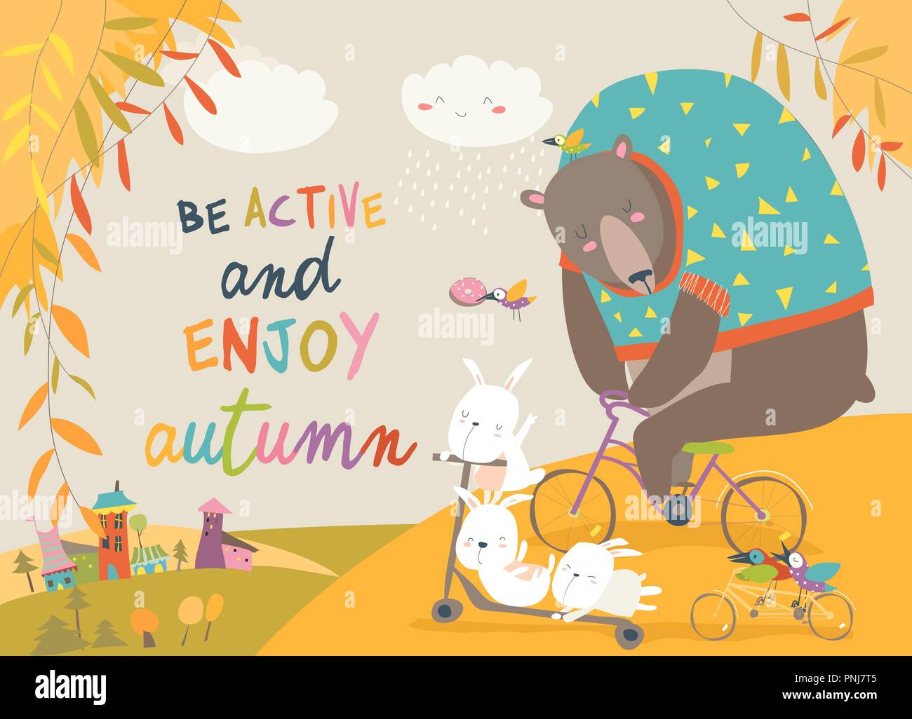 Équitation animaux vélos un parc en automne Illustration de Vecteur
