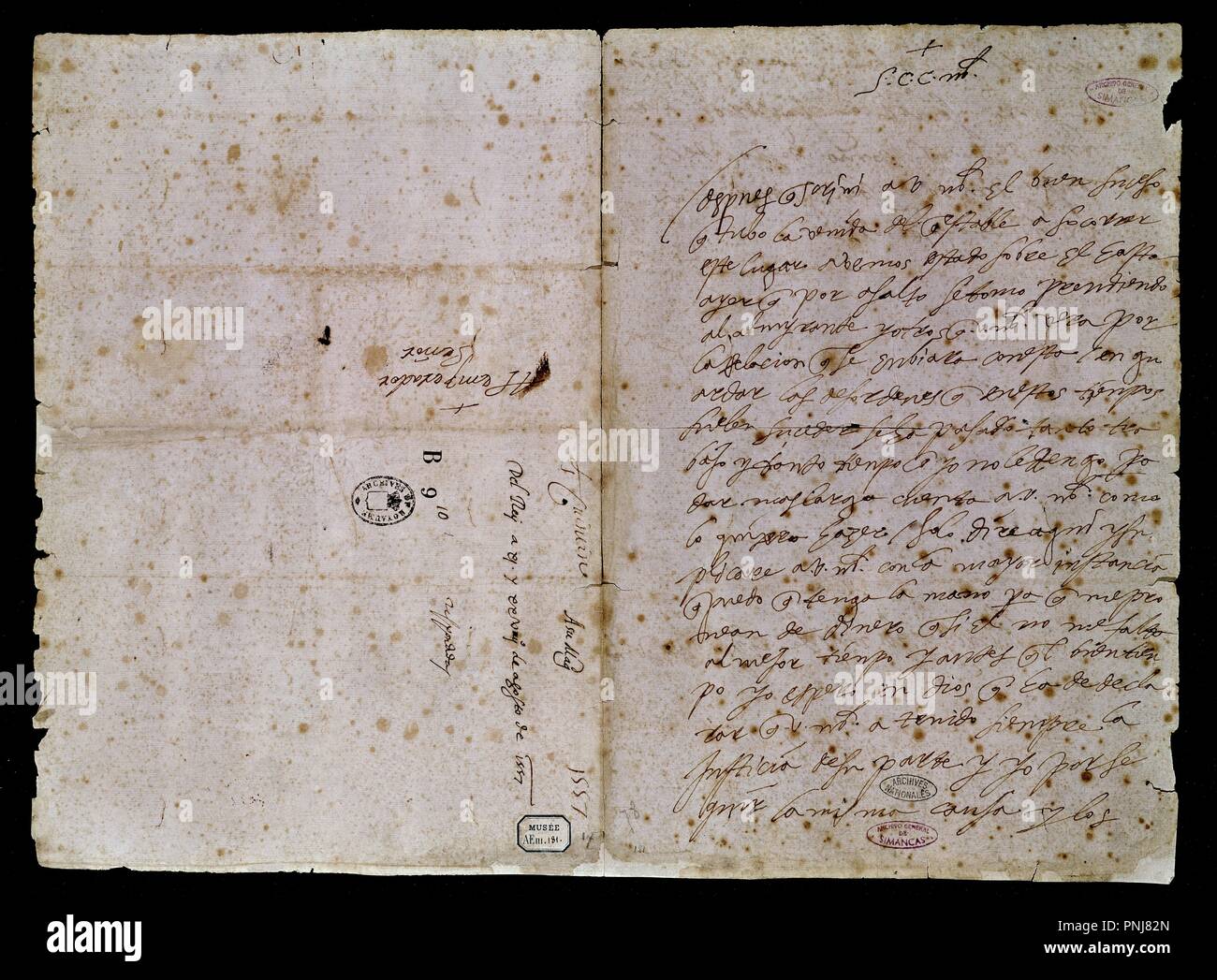 CARTA AUTOGRAFA DE FELIPE II A CARLOS V COMUNICANDOLE LA VICTORIA DE SAN QUINTIN - siglo XVI. Auteur : Felipe II. Emplacement : ARCHIVO-COLECCION. Simancas. Valladolid. Banque D'Images