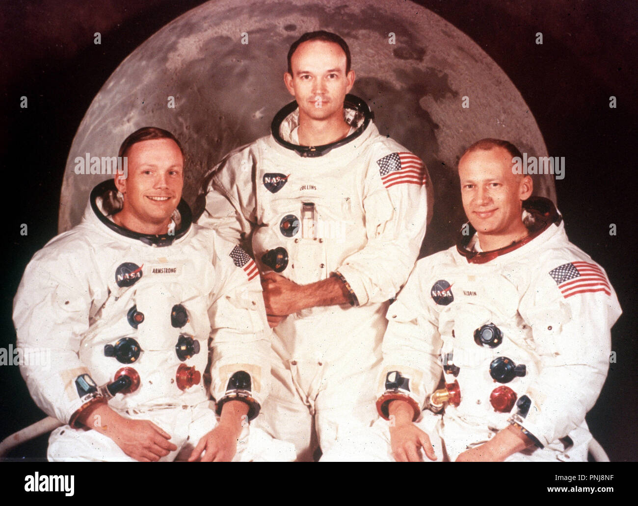 L'équipage pour la mission Apollo 11 : Neil Armstrong, commandant, Michael Collins, pilote du module de commande et Edwin E. Aldrin Jr. pilote du module lunaire. Banque D'Images