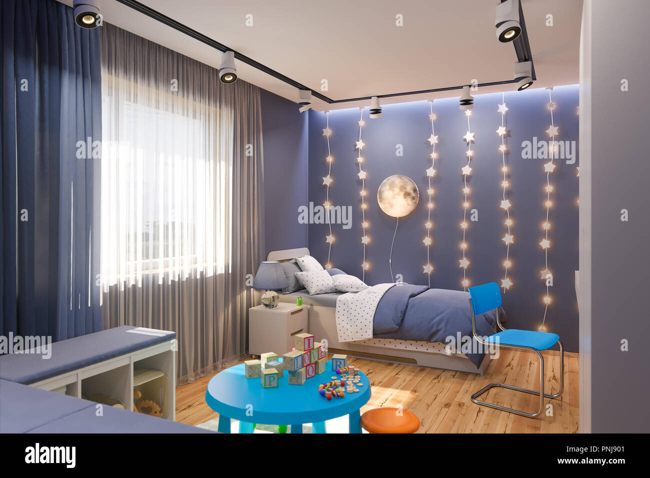 3d Render Of La Chambre Des Enfants En Couleur Bleu Nuit Visualisation Du Concept De Design D Interieur Chambre D Enfant Pour Garcon Dans Un Theme De L Espace Photo Stock Alamy
