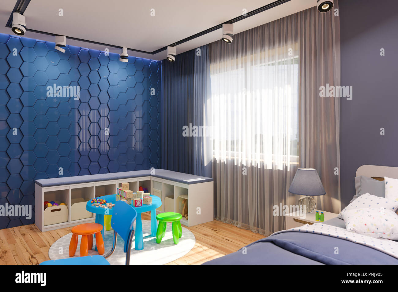3d Render Of La Chambre Des Enfants En Couleur Bleu Nuit Visualisation Du Concept De Design D Interieur Chambre D Enfant Pour Garcon Dans Un Theme De L Espace Photo Stock Alamy