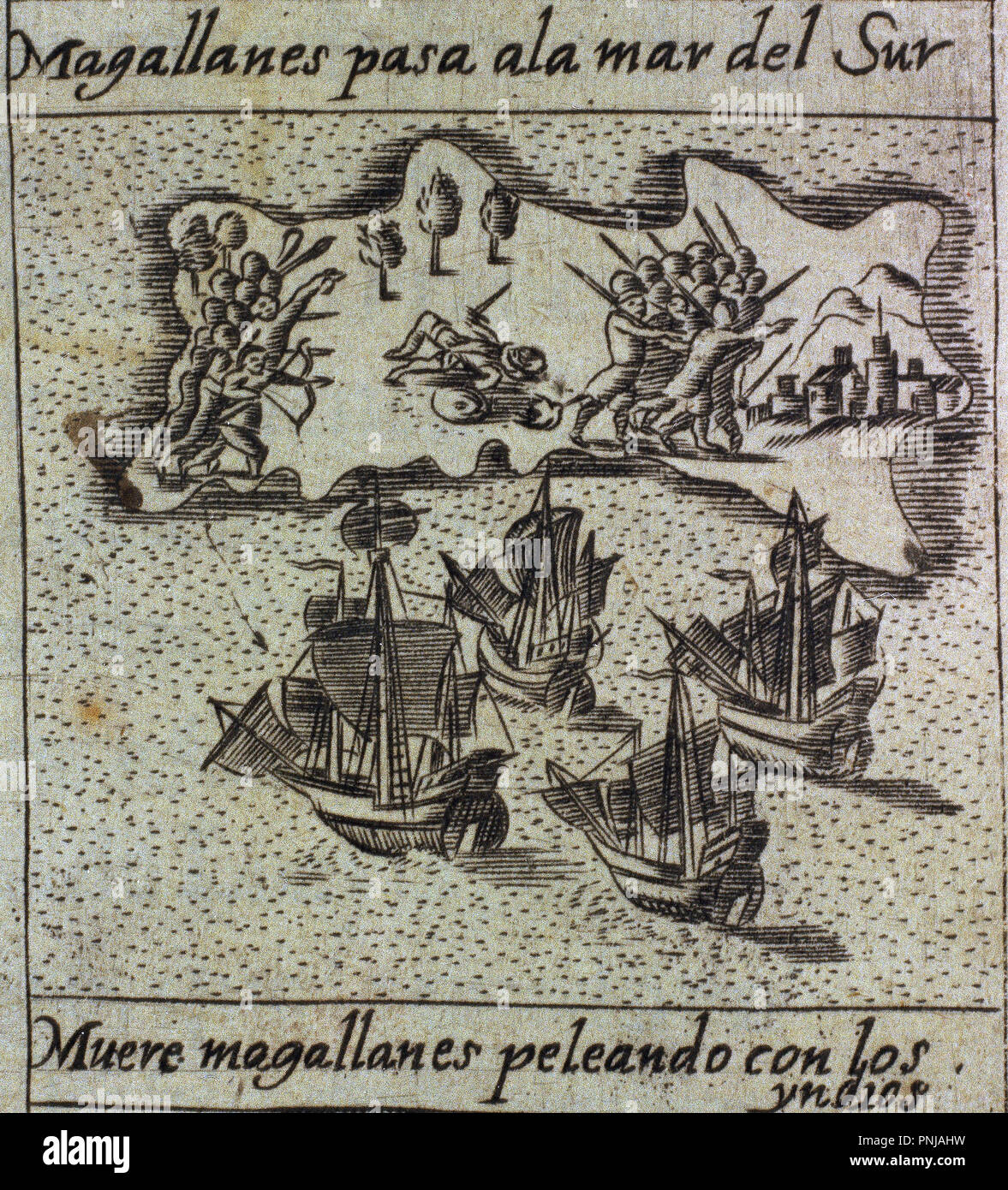 Hª GRAL DE LOS HECHOS EN Nuevo Mundo - DETALLE DE LA MUERTE DE MAGALLANES PELEANDO CON LOS INDIOS - S XVI. Auteur : HERRERA Y TORDESILLAS ANTONIO. Emplacement : BIBLIOTECA NACIONAL-COLECCION. MADRID. L'ESPAGNE. Banque D'Images